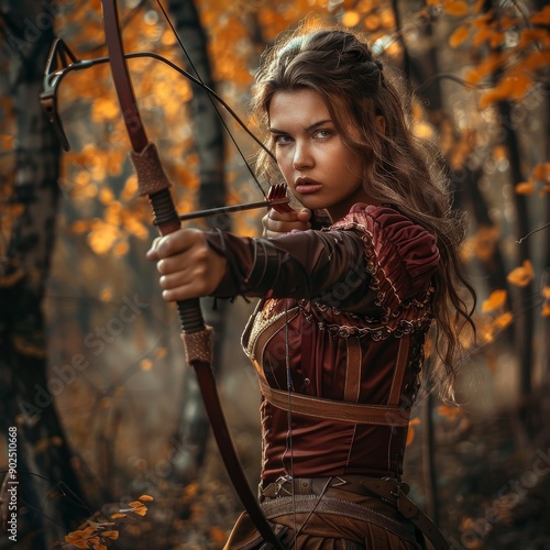 Woman with bow and arrow practicing archery in park, sport archer portrait, female bow, fantasy cosplay