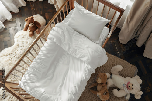 Top View of Baby Crib with Perfectly Clean White Duvet Bedding - Charming Minimalist Room Design with Cozy Elements