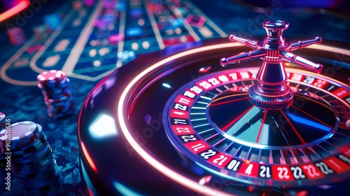 Gaming table in Casino with roullete and chips. photo