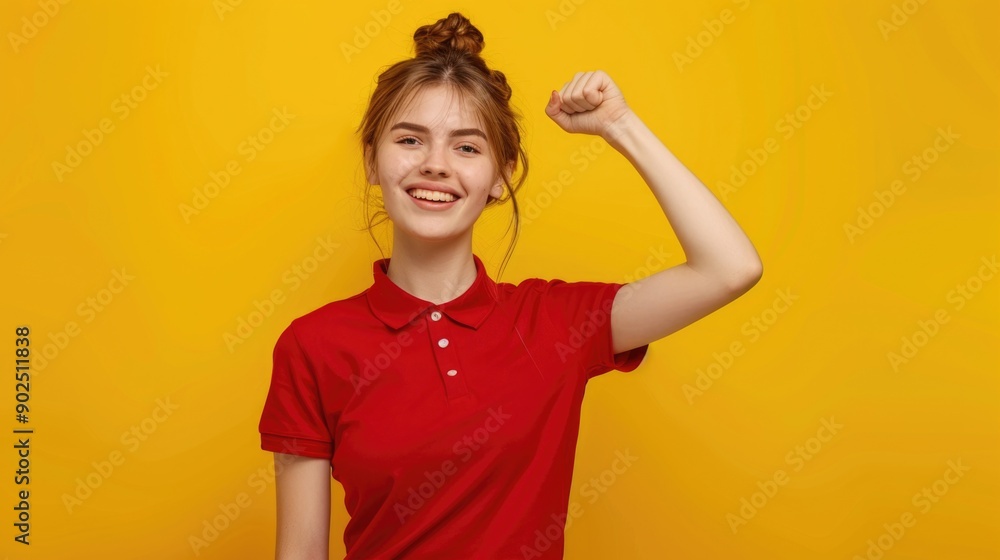 A woman stands with her fist raised, possibly in protest or defiance A woman stands with her fist raised, possibly in protest or defiance