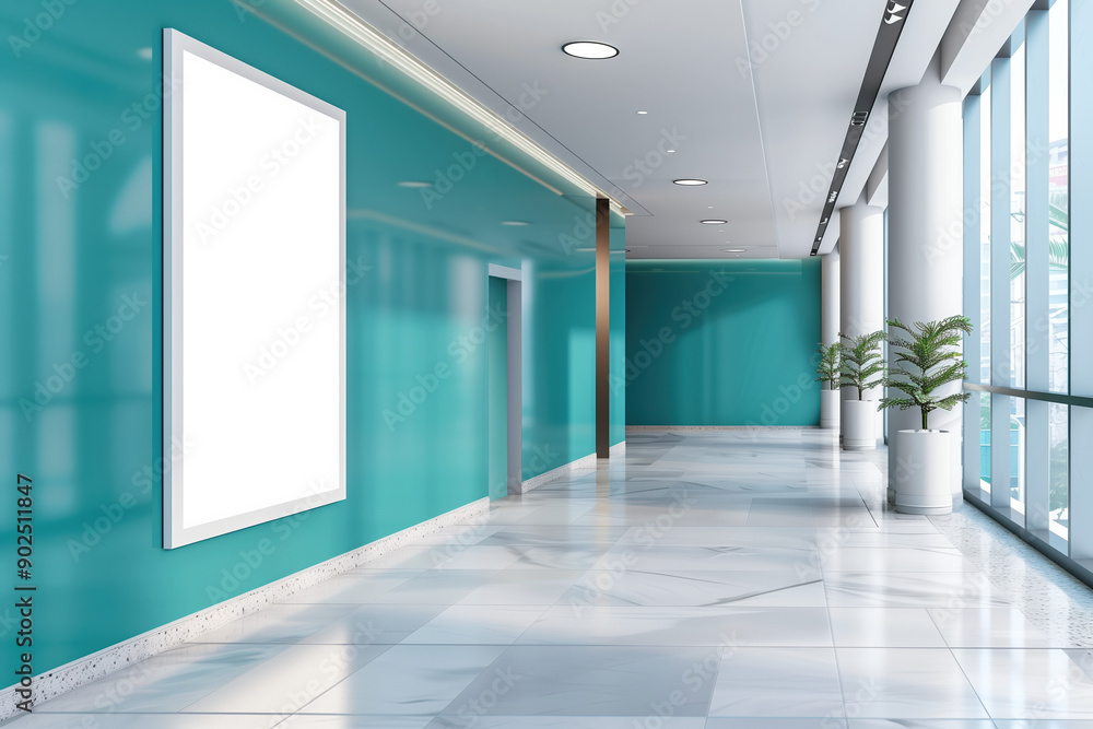 Obraz premium Vertical Blank Advertising Billboard in Modern Interior with Tiled Floor and Teal Background, Marketing Display Concept, 3D Rendering