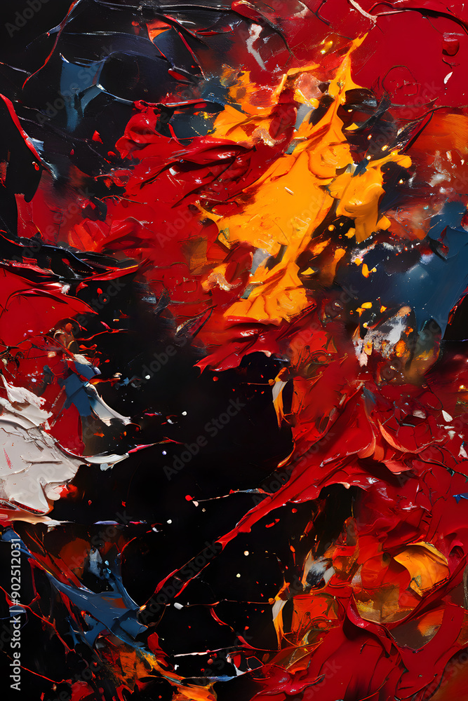 Vivid abstract oil painting capturing the essence of fury with bold reds and yellows against a stark black background Vivid abstract oil painting capturing the essence of fury with bold reds and yellows against a stark black background