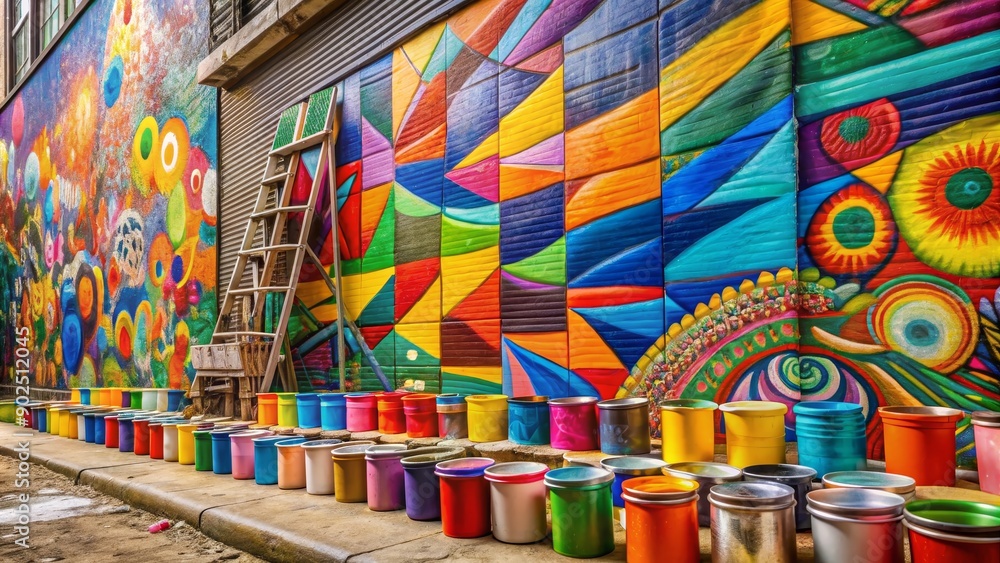 Fototapeta premium A Colorful Symphony of Street Art Geometric and Organic Patterns on a Brick Wall, Composition Featuring Rows of Paint Cans, Urban Art, Mural, Graffiti, Street Art