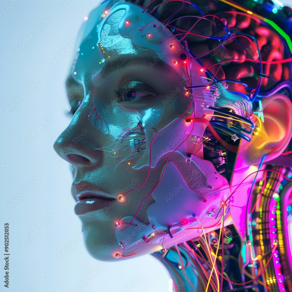 Futuristic humanoid robot with illuminated circuits and vibrant neon lights. Digital artwork showcasing advanced AI concept. Ideal for technology, innovation, and cybernetic themed projects. AI