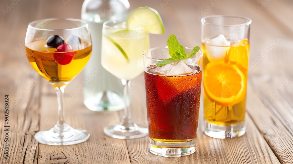 A vibrant display of refreshing cocktails in various glasses, perfect for summer gatherings or bar promotions. A vibrant display of refreshing cocktails in various glasses, perfect for summer gatherings or bar promotions.