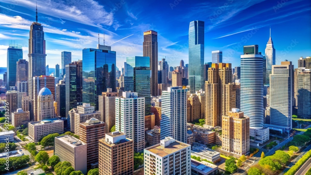 Obraz premium Aerial View of Modern Skyscrapers in a Bustling City, cityscape , skyscrapers , metropolis , architecture