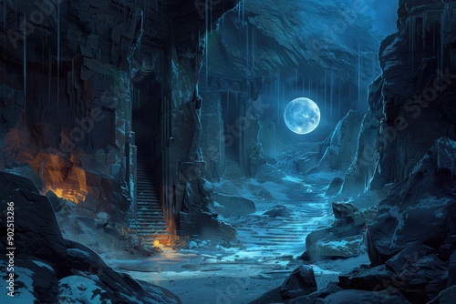 Ancient moonlit temple ruins in frozen mountain cavern with glowing crystals