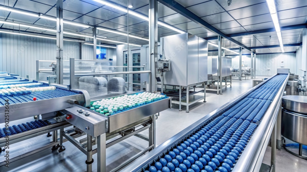 Obraz premium Automated Egg Processing Line, Conveyor Belt, Food Industry, Manufacturing, Egg Production