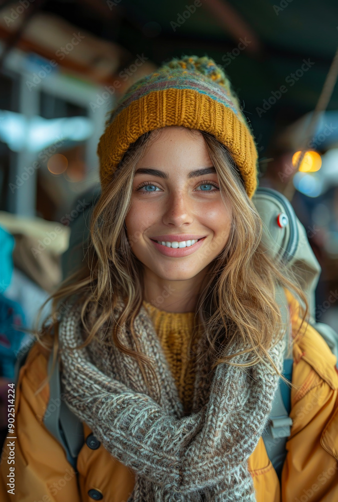 A woman wearing a yellow hat and scarf is smiling. She is wearing a backpack and she is outdoors A woman wearing a yellow hat and scarf is smiling. She is wearing a backpack and she is outdoors