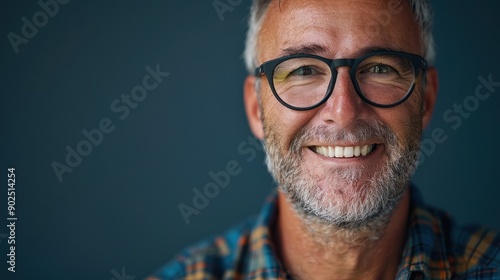 Joyful Middle-Aged Man Smiling Brightly Against a Dark Blue Wall in a Cozy Indoor Setting