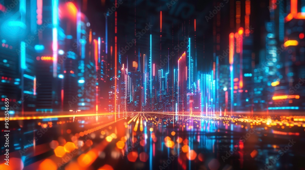 A vibrant digital cityscape featuring glowing skyscrapers and dynamic light trails, ideal for technology and futurism themes. A vibrant digital cityscape featuring glowing skyscrapers and dynamic light trails, ideal for technology and futurism themes.