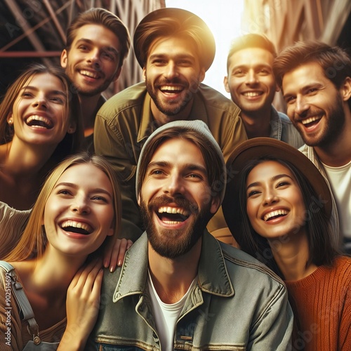 Group of joyful people laughing together. Happiness. The diverse group, showcasing enjoyment of social activities. Shared fun during a group project, excursion, or community course. Generative AI © JR Digital Art