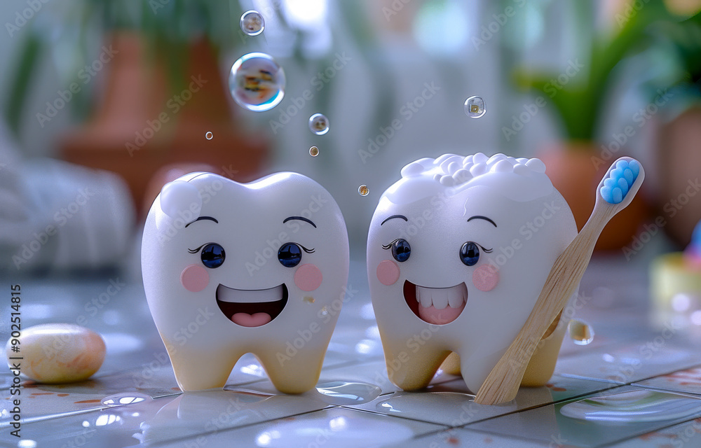 Fototapeta premium Two cartoon teeth are smiling and holding toothbrushes