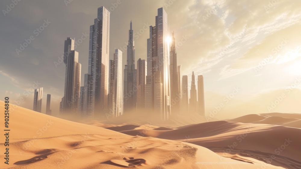 This photorealistic image features skyscrapers set among sand dunes, rendered in a hyper-realistic style with highly detailed textures and realistic sunlight, creating a stunning and surreal urban des This photorealistic image features skyscrapers set among sand dunes, rendered in a hyper-realistic style with highly detailed textures and realistic sunlight, creating a stunning and surreal urban des