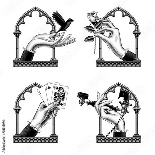 A set of icons of women's hands in a gothic frame with a flying bird, a rose flower, playing cards and a retro phone receiver. Vector illustration in vintage engraving style
