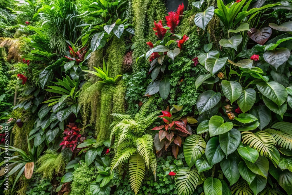 Lush dark green plants thrive in a vibrant foliage backdrop of anthurium, epiphytes, and ferns, creating a stunning green plant wall in a cloud forest ambiance.