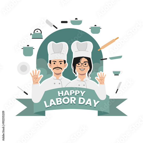 Chef Man and Woman Labor Day Flat illustration wave hand