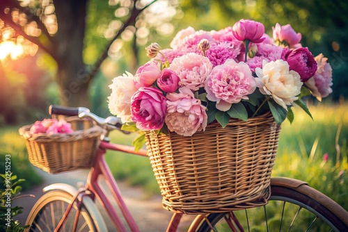 A beautifully restored vintage bicycle stands alone, adorned with a wicker basket overflowing with lush, romantic peony flowers in soft, pastel hues.