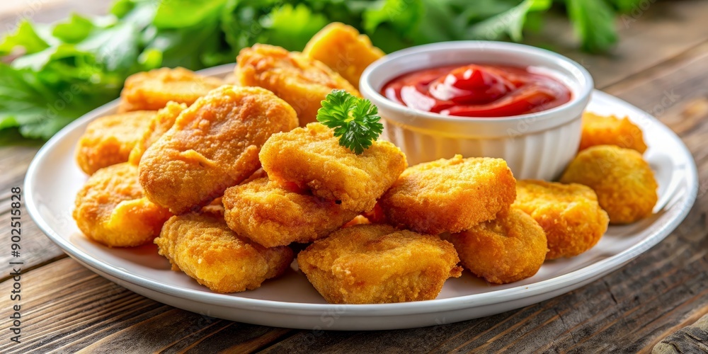 Closeup of Golden Chicken Nuggets with Ketchup on White Plate, fast food , fried chicken , nuggets , snack Closeup of Golden Chicken Nuggets with Ketchup on White Plate, fast food , fried chicken , nuggets , snack