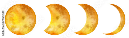 A set of different phases. Halloween, night. watercolor illustration, hand-drawn. A decorative element for design and decoration. Drawing of a satellite, new moon, full moon..