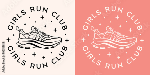 Girls run running club round logo badge sticker for runner marathoner women girlies female sports squad. Retro pink aesthetic quotes printable event invitation cut file clothing shirt design.