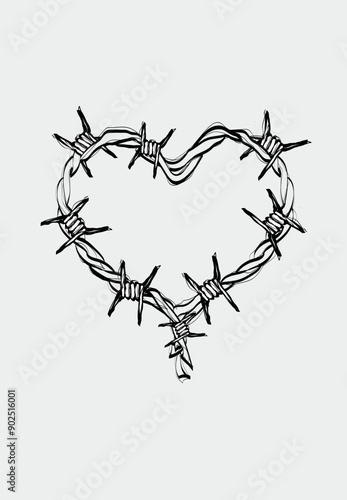 Vector illustration. Heart made of barbed wire, on a white background. Sketch for Valentine's Day.