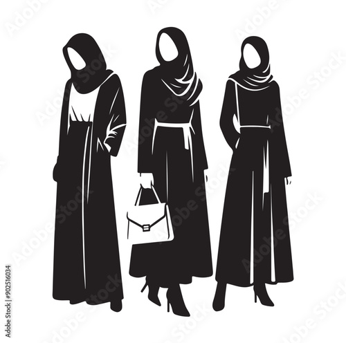 Hijab Style Standing Silhouettes Vector Illustration
