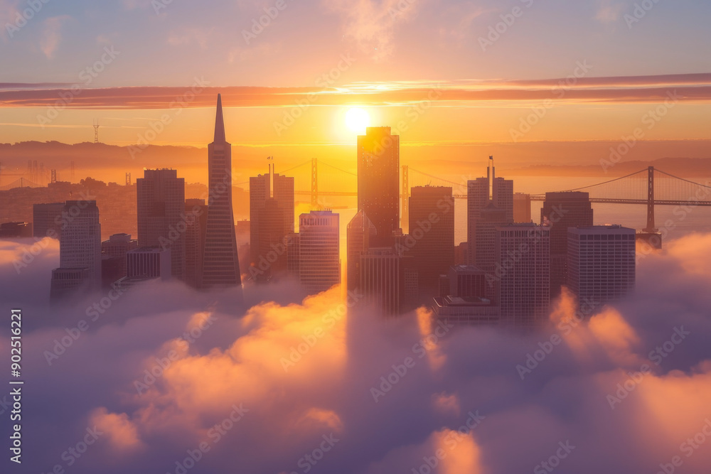 Fototapeta premium San Francisco Skyline Emerging From Fog at Sunrise