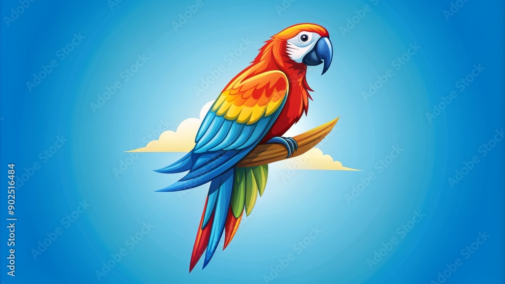 Fototapeta premium Colorful Macaw Perched on Branch with Blue Sky Background, Digital Illustration, Bird, Tropical, Nature