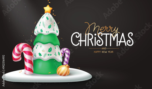 Christmas greeting vector template design. Merry christmas greeting text with elegant pine tree, candy cane, ball, and star elements in podium stage background. Vector illustration xmas season design.