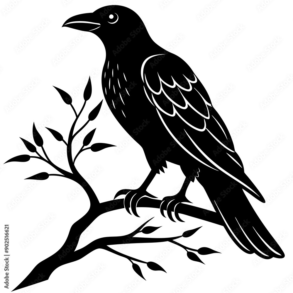 Obraz premium Black crow on a tree branch. Vector illustration isolated silhouette with white Background.