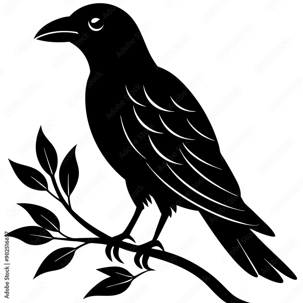 Fototapeta premium Black crow on a tree branch. Vector illustration isolated silhouette with white Background.