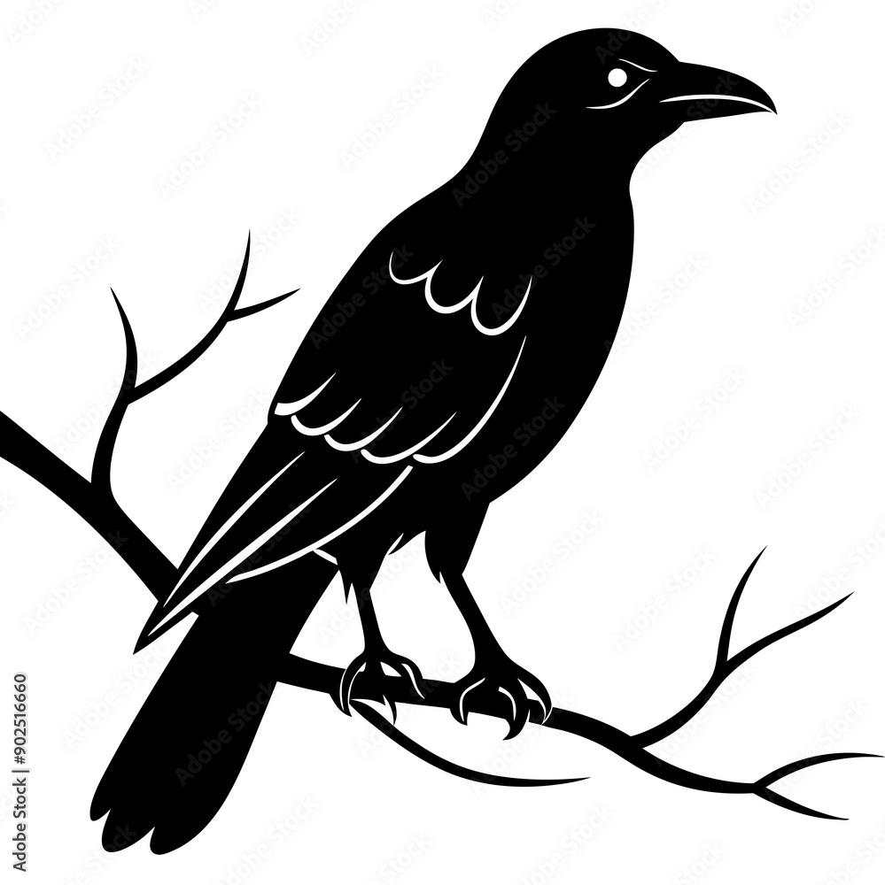 Obraz premium Black crow on a tree branch. Vector illustration isolated silhouette with white Background.