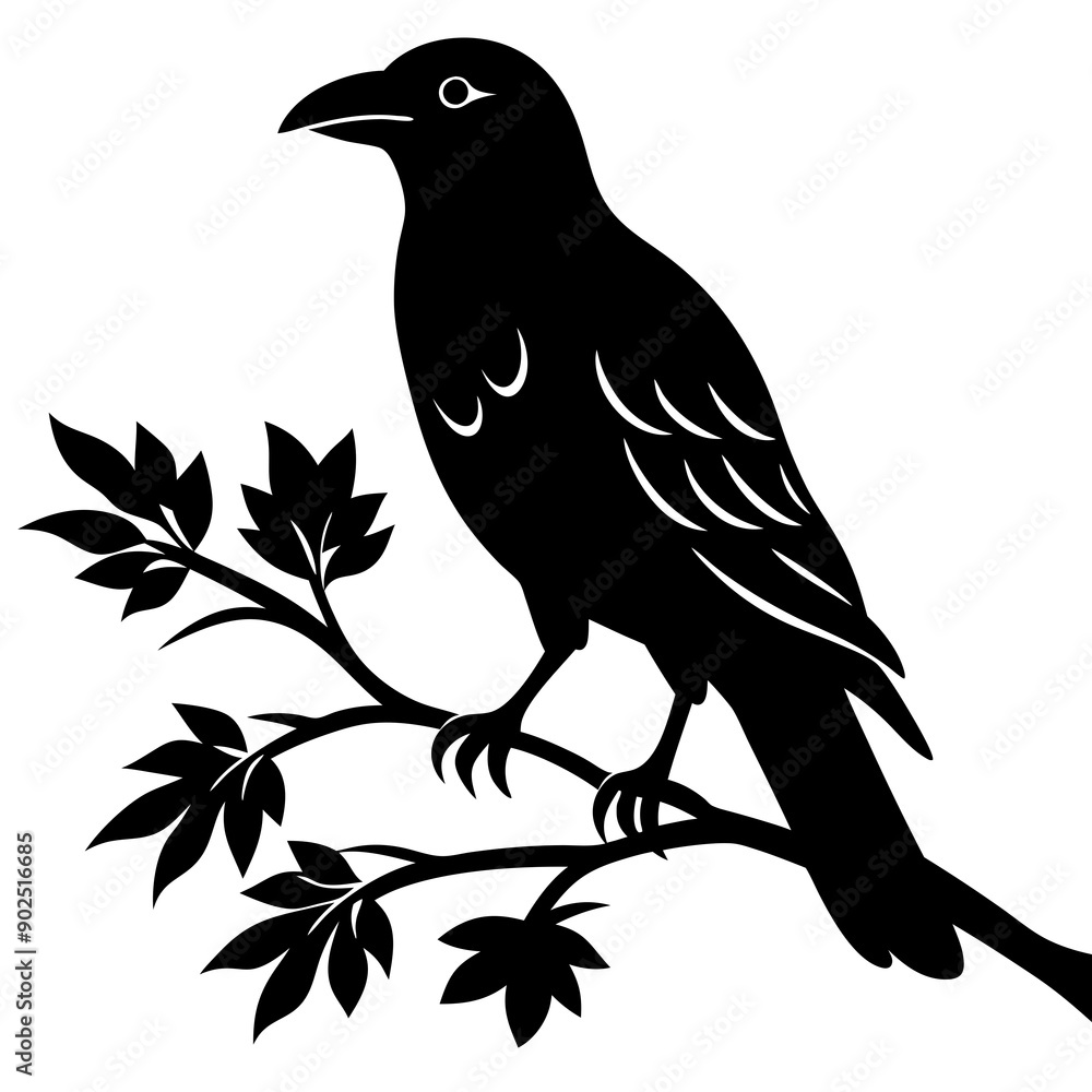 Obraz premium Black crow on a tree branch. Vector illustration isolated silhouette with white Background.