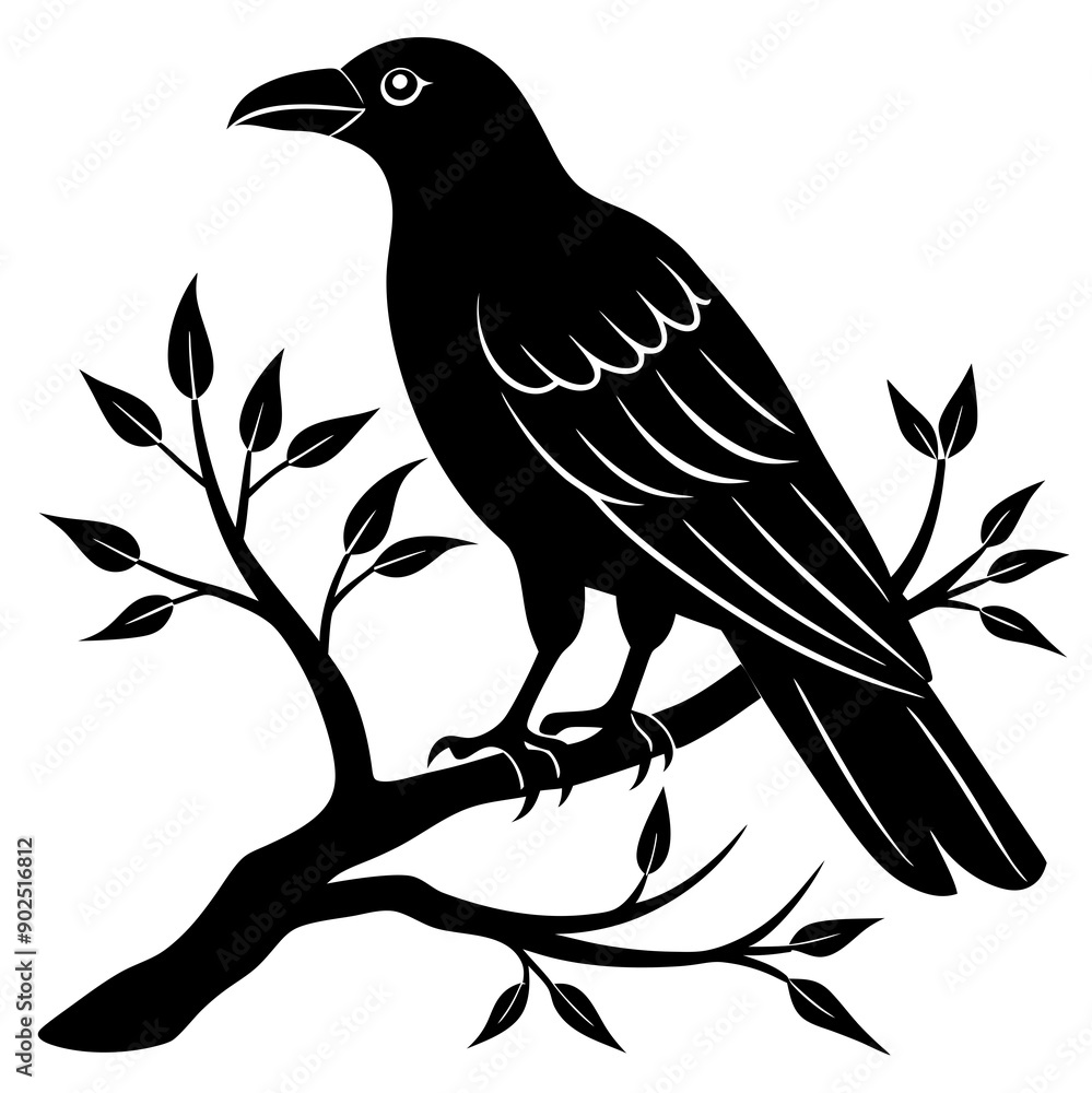 Obraz premium Black crow on a tree branch. Vector illustration isolated silhouette with white Background.