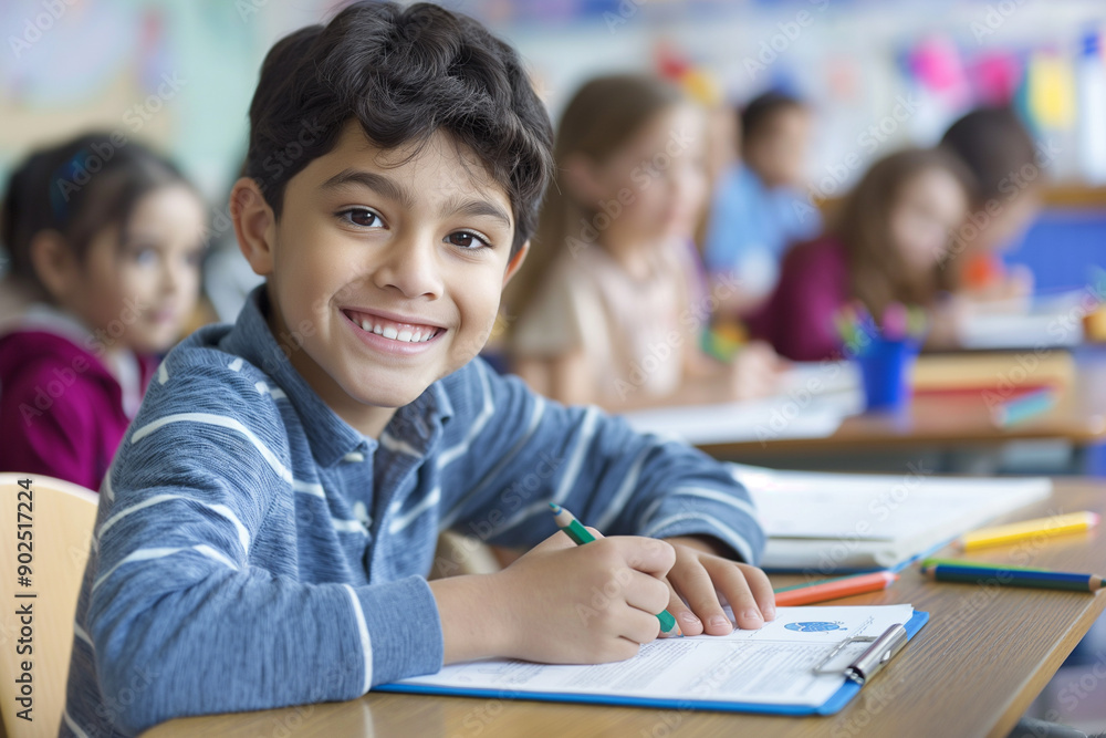 Cheerful boy engaged in creative writing at school desk surrounded by classmates Cheerful boy engaged in creative writing at school desk surrounded by classmates