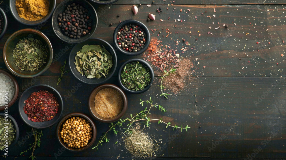 Various spices and herbs sitting on rustic wooden background Various spices and herbs sitting on rustic wooden background