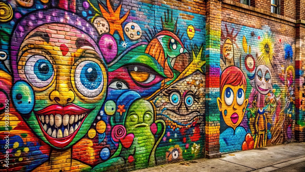 Naklejka premium Vibrant graffiti and playful doodles cover a worn brick wall, showcasing a kaleidoscope of colors and artistic expressions in an urban visual masterpiece.