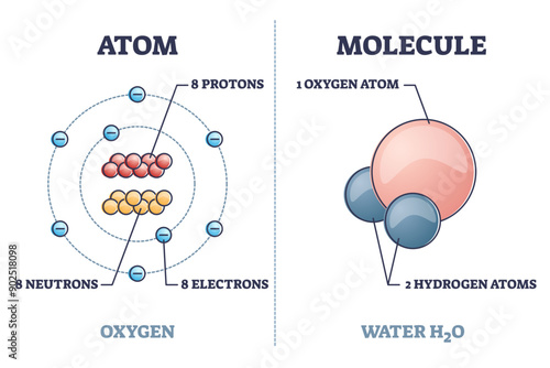 Atom vs molecule structural differences with oxygen and water outline diagram, transparent background. Labeled educational microscopic chemical elements with protons.