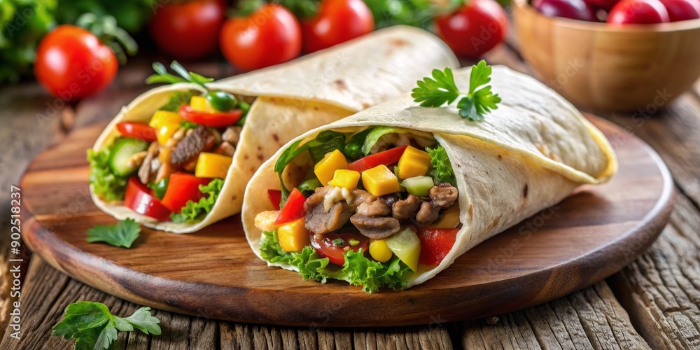 Delicious Chicken and Mango Wrap on a Wooden Board, Chicken, Mango, Wrap, Tortilla Delicious Chicken and Mango Wrap on a Wooden Board, Chicken, Mango, Wrap, Tortilla