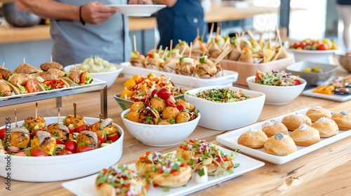 A vibrant spread of assorted appetizers and dishes served on a wooden table at a social gathering, showcasing culinary creativity.