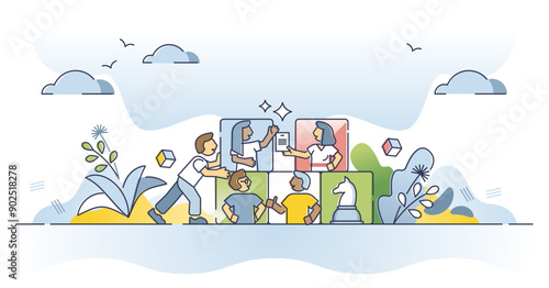 Remote team building game for partnership and collaboration outline concept, transparent background. Virtual company teambuilding event for employee interaction and performance growth illustration.