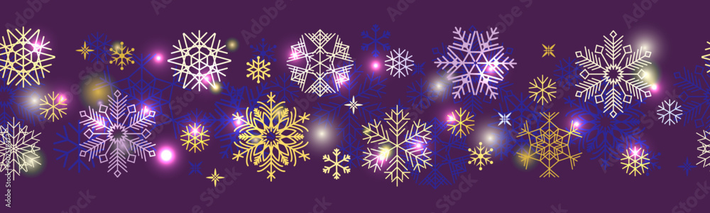 Seamless banner. Blue, lilac, golden snowflakes and sparkles on a dark blue background. Vector Seamless banner. Blue, lilac, golden snowflakes and sparkles on a dark blue background. Vector