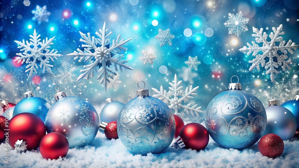 Vibrant blue winter wonderland background adorned with delicate snowflakes, shimmering silver and red Christmas balls, and subtle sparkle, evoking festive holiday cheer and magic. Vibrant blue winter wonderland background adorned with delicate snowflakes, shimmering silver and red Christmas balls, and subtle sparkle, evoking festive holiday cheer and magic.