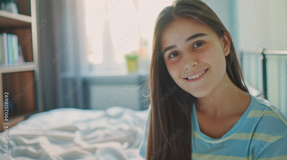 Smiling teenage girl sitting on bed in her room Smiling teenage girl sitting on bed in her room