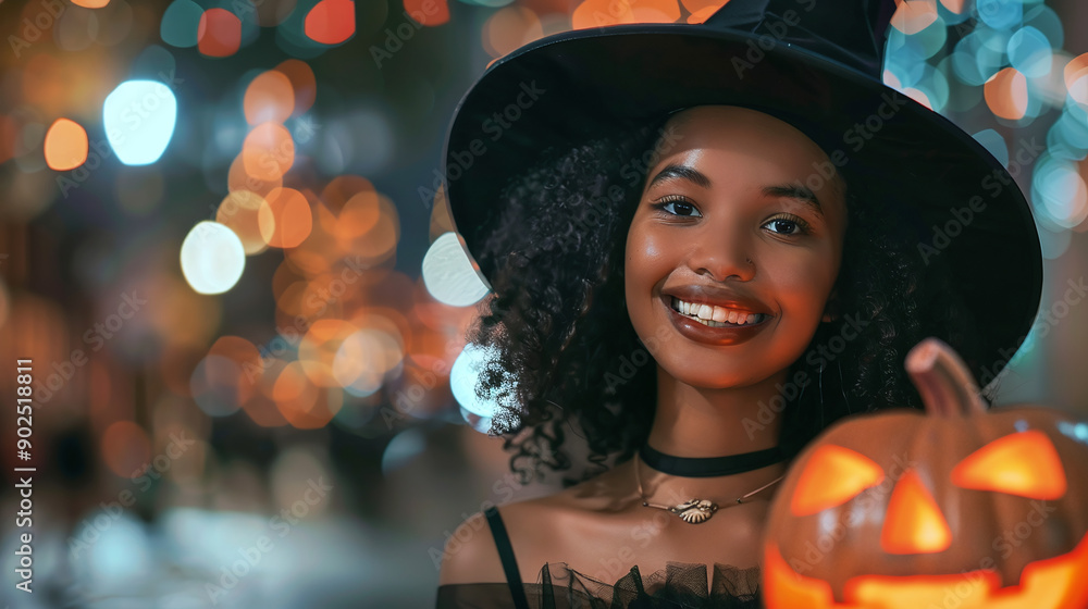 Joyful girl in a dress and a witch hat with a pumpkin jack o lantern in hands on the street on halloween night Joyful girl in a dress and a witch hat with a pumpkin jack o lantern in hands on the street on halloween night