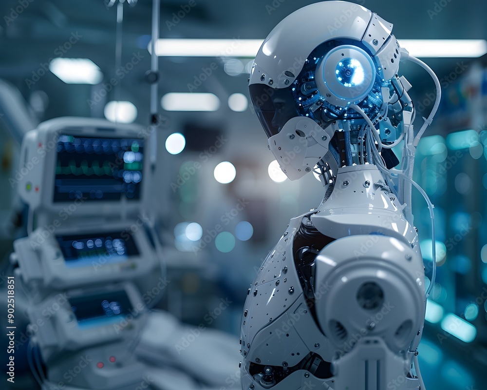 Fototapeta premium AI Driven Robotic in High Tech Medical Facility Cyber Background Concept