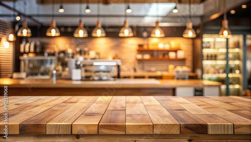 Wallpaper Mural Empty Wooden Tabletop with Blurry Cafe Background, Coffee Shop, Bar, Mockup, Product Display, , Torontodigital.ca