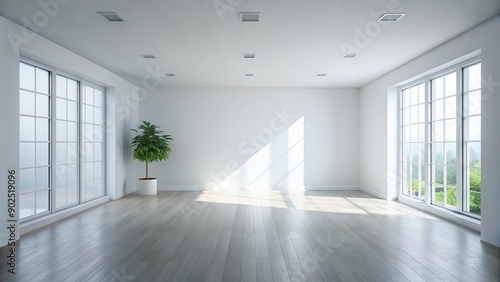 Empty Room with Light Streaming Through Windows, White Walls, Hardwood Floors, and a Plant, interior design, modern, minimalist