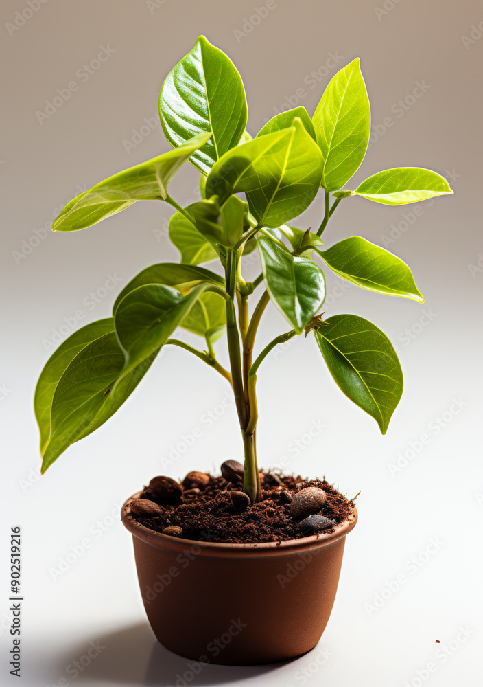 A small plant is in a brown pot with dirt. The plant is green and has leaves. The pot is on a white surface A small plant is in a brown pot with dirt. The plant is green and has leaves. The pot is on a white surface